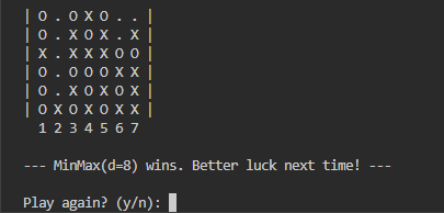 Terminal output at the end of a Connect 4 game against the AI