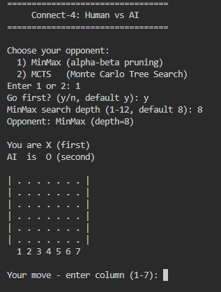 Terminal output at the start of a human versus AI game
