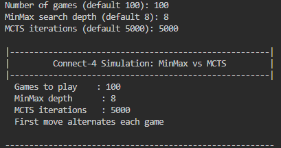 Terminal output at the start of an AI versus AI simulation run